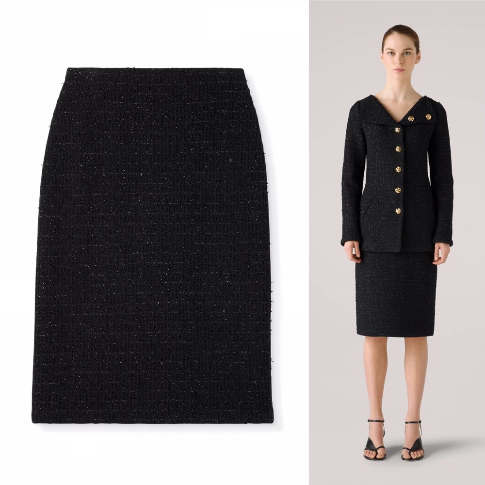 St. John Mini Shimmer Textured Knit Caviar Black Metallic Pencil Skirt Sz 8